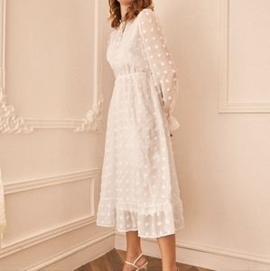 White long sleeve dotted midi dress